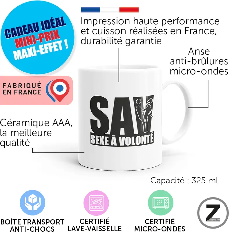 White ceramic mug with a bold black SAW logo, surrounded by French product badges like 'Cadeau idéal', 'Fabriqué en France', and capacity '325 ml' with microwave and dishwasher icons nearby.