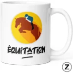 White mug with a yellow circular logo of a jockey atop a jumping horse and the bold stylized word ÉQUITATION underneath.