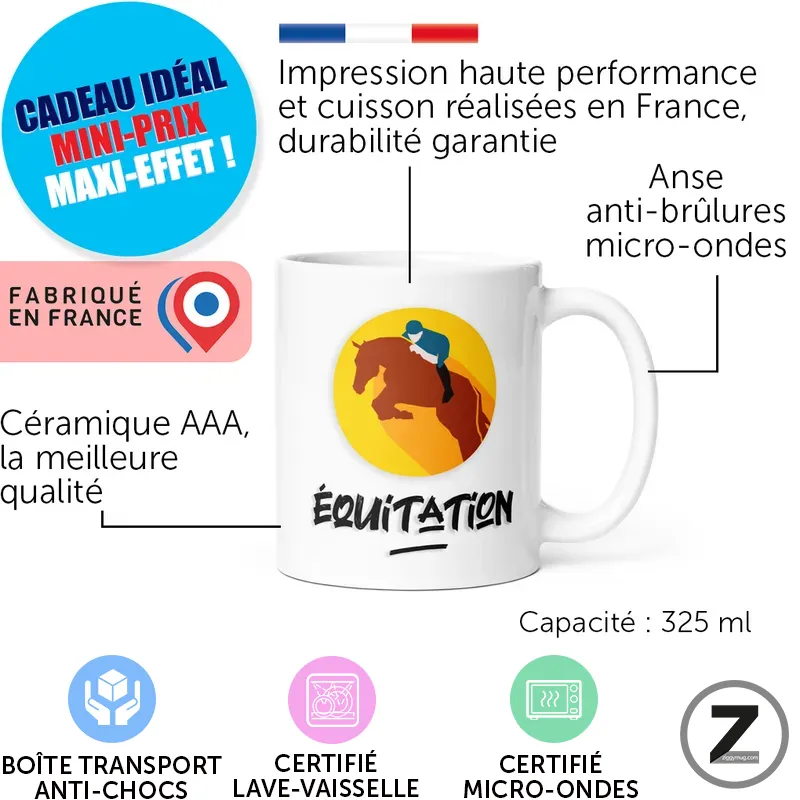 Mug blanc avec logo équitation sur fond jaune et textes indiquant fabrication en France, céramique AAA, capacité 325 ml et micro-ondes.