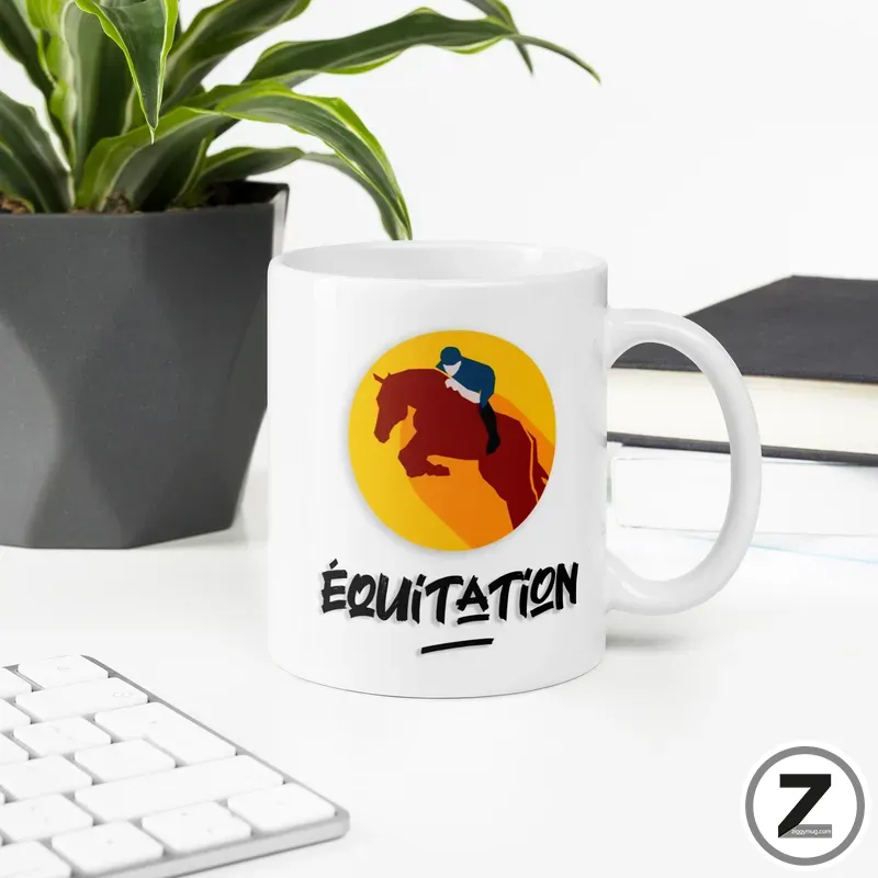 White mug featuring a circular logo with a horse and rider over a yellow background and the word ÉQUITATION.