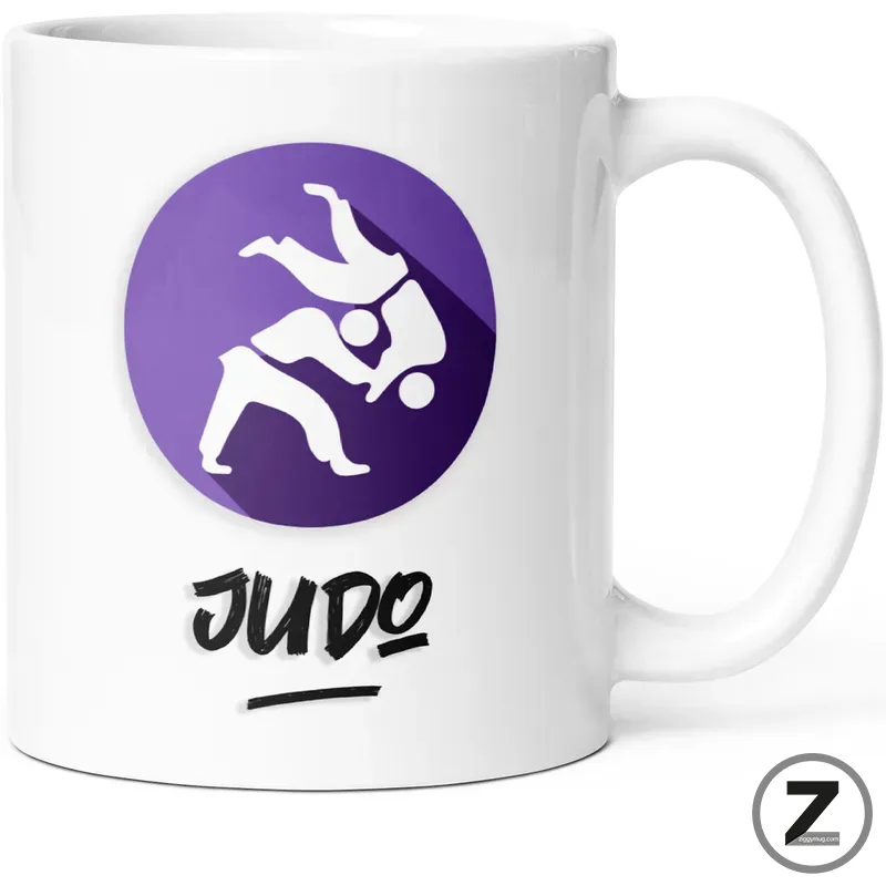 White mug displaying a purple circle logo with two white Judo figures in a throw and the word JUDO below.