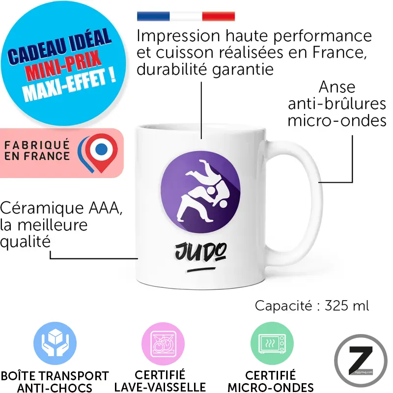 White ceramic mug with a purple Judo logo, surrounded by French marketing badges about quality, French-made, and 325 ml capacity.