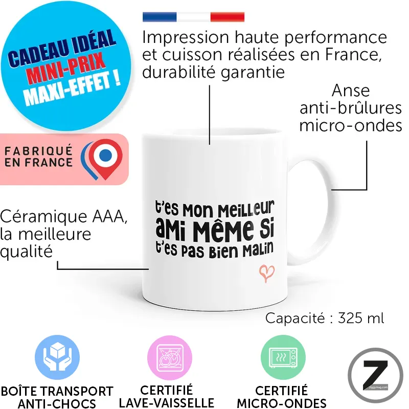 Infographic for a white 325 ml mug: made in France, AAA ceramic, durable print, microwave-safe handle (anti-burn).