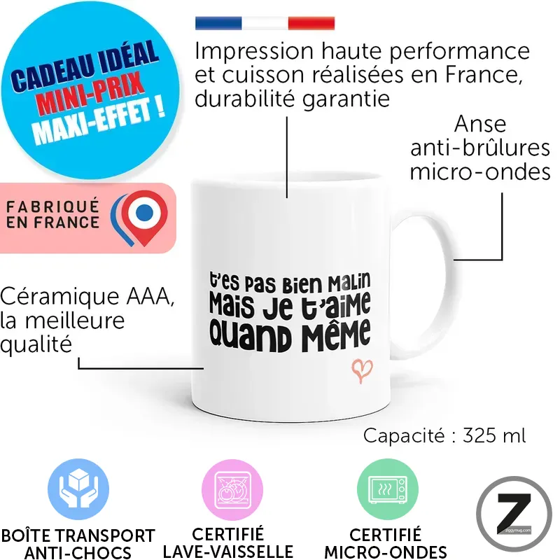 Mug blanc en céramique avec texte humoristique et étiquettes: fabriqué en France, céramique AAA, capacité 325 ml, anse anti-brûlures et micro-ondes.