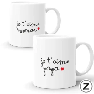 Two white ceramic mugs feature handwritten French messages: 'je t'aime maman' and 'je t'aime papa' with small red hearts.