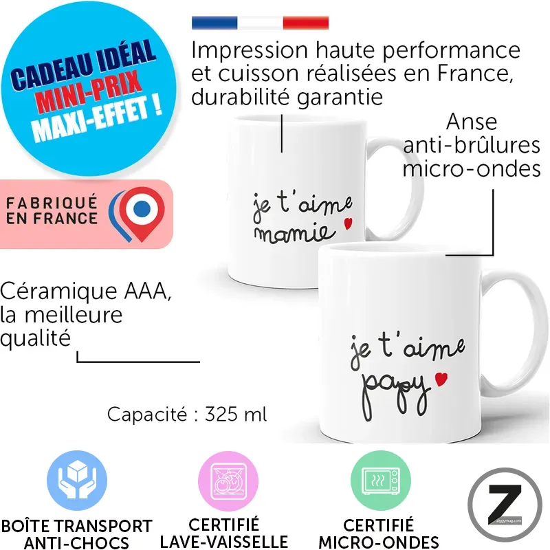 Pair of white mugs with handwritten text 'je t'aime mamie' and 'je t'aime papi', French flag, and 'Cadeau idéal' badge; 325 ml capacity; Made in France label.