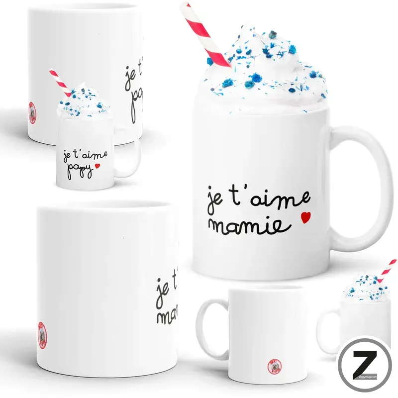 White ceramic mug with 'je t'aime maman' and a red heart, shown in a product collage with a whipped-cream topped mug and straw.