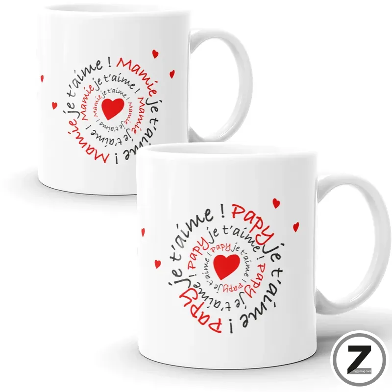 Two white ceramic mugs featuring a love-themed spiral pattern with red hearts and phrases like 'je t'aime' in black/red text.