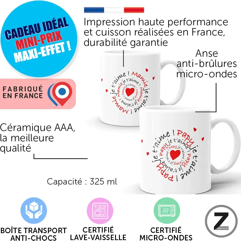 Promotional collage for ceramic mugs: text badges e.g. 'Cadeau idéal mini-prix maxi-effet', 'Fabriqué en France', and 'Capacité 325 ml'; two white mugs with red hearts and circular text designs; bottom icons suggest transport box, dishwasher-safe, microwave-safe, and a certification mark.