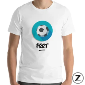 White T-shirt on a person featuring a teal circle with a soccer ball and the word FOOT in black graffiti underneath.