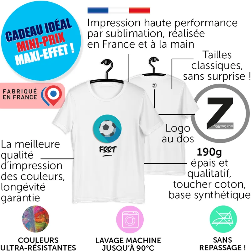 Publicité affichant un t-shirt blanc imprimé par sublimation, indiquant fabrication en France et haute performance