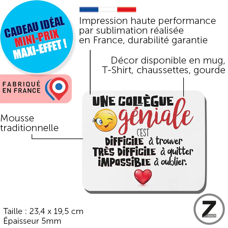 Tapis de haute qualité, Tapis de souris humoristique, collègue géniale, collègue femme, aspect velours.