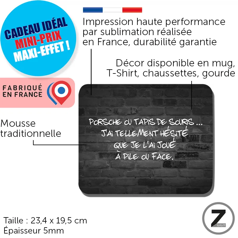 Tapis de souris humour Porsche, tapis anti dérapant, pile ou face, message drôle, idée cadeau pas cher
