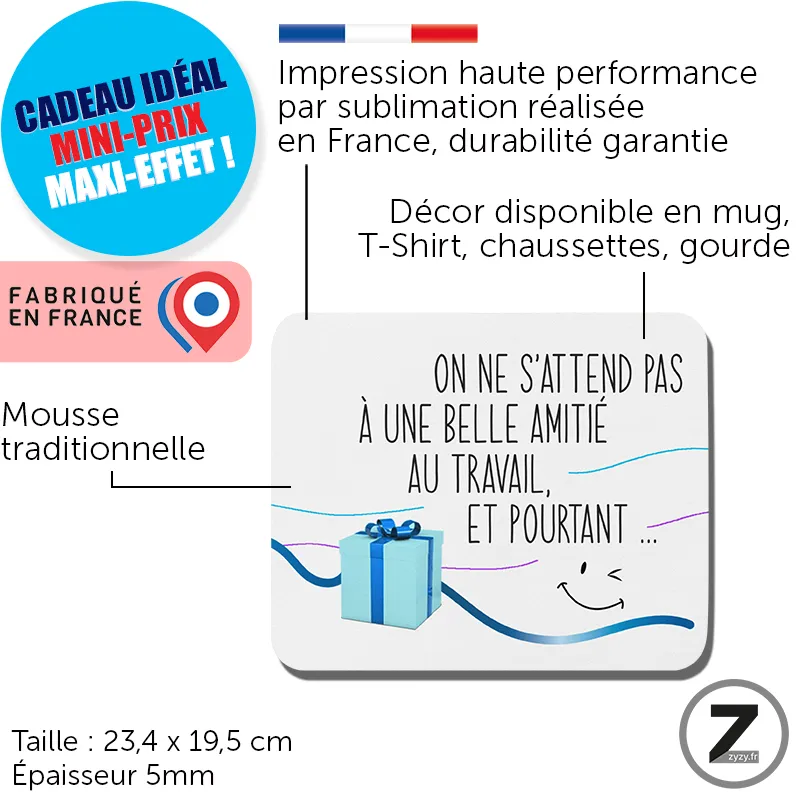 Tapis de souris original, TRAVAIL AMITIÉ, tapis de souris humour, travail amitié bleu, idée cadeau original