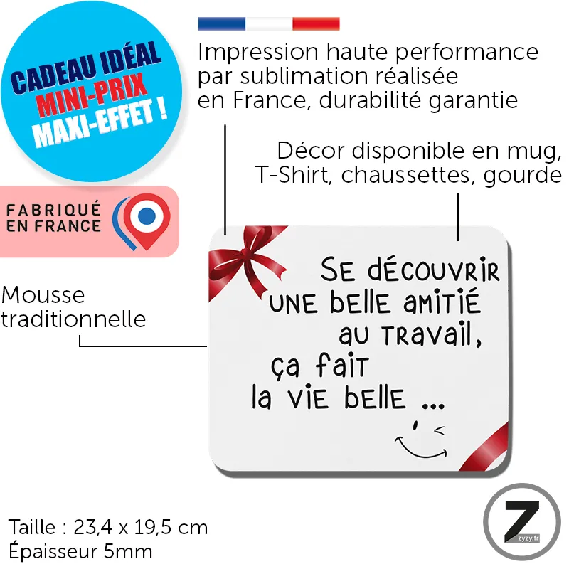 Tapis souris TRAVAIL AMITIÉ, tapis de souris humoristique, travail amitié rouge, idée cadeau marrant